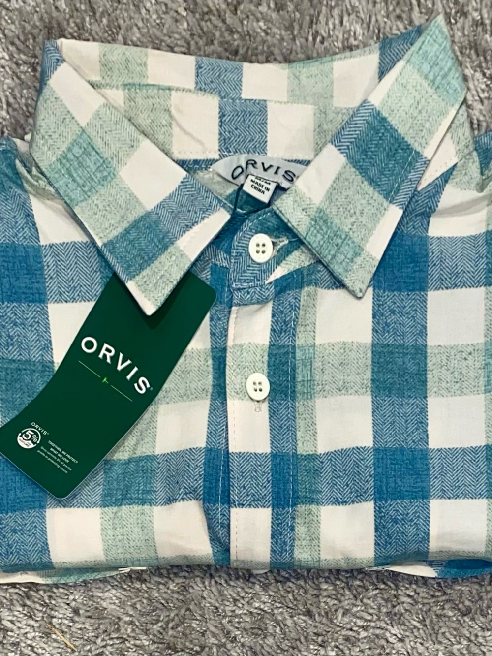 NWT Orvis Men’s M-Short Sleeve aqua foam Buffalo check plaid button down shirt